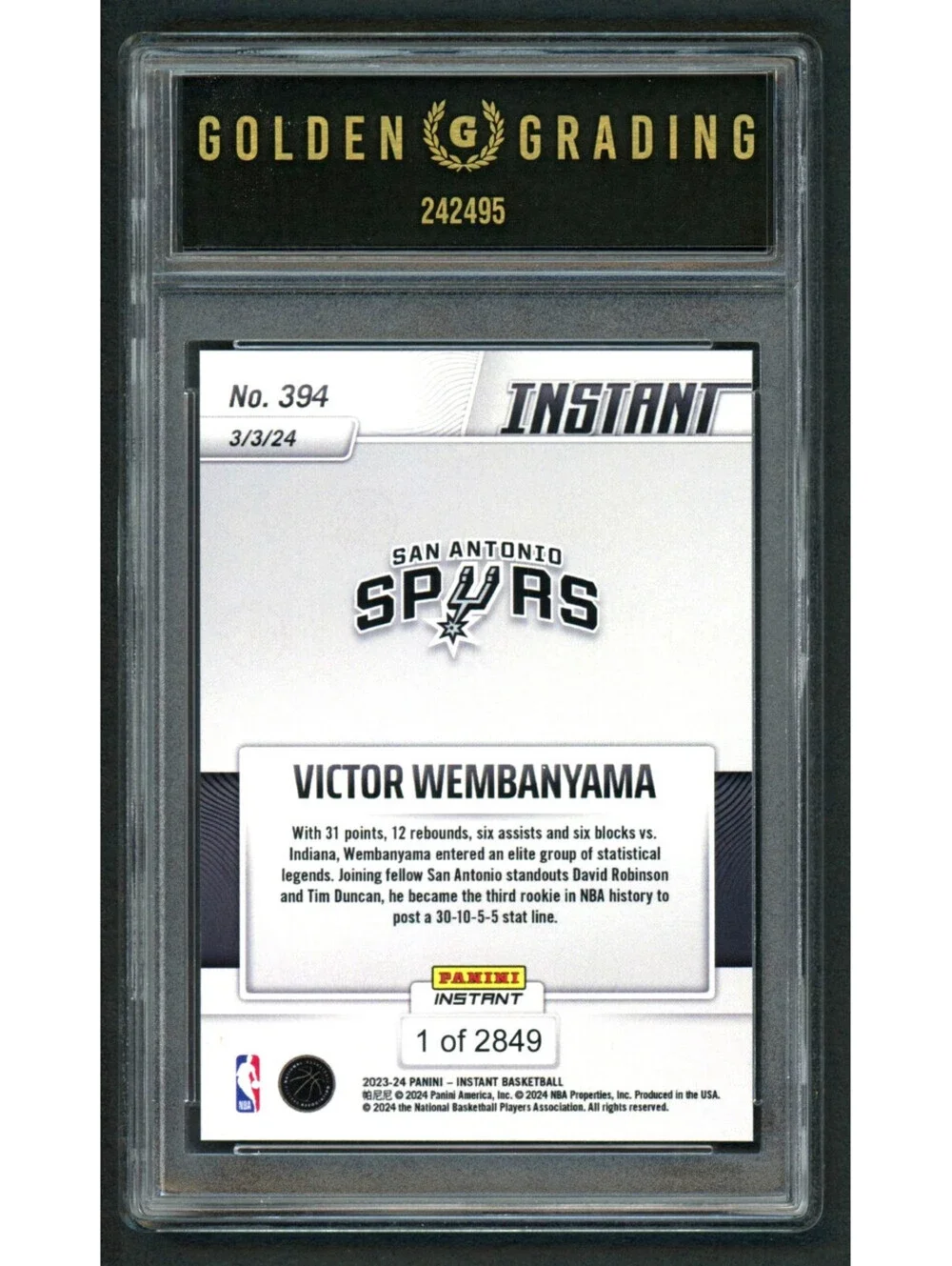 2023-24 Panini Instant #394 Victor Wembanyama Rookie Card (RC) Gem Mint 10